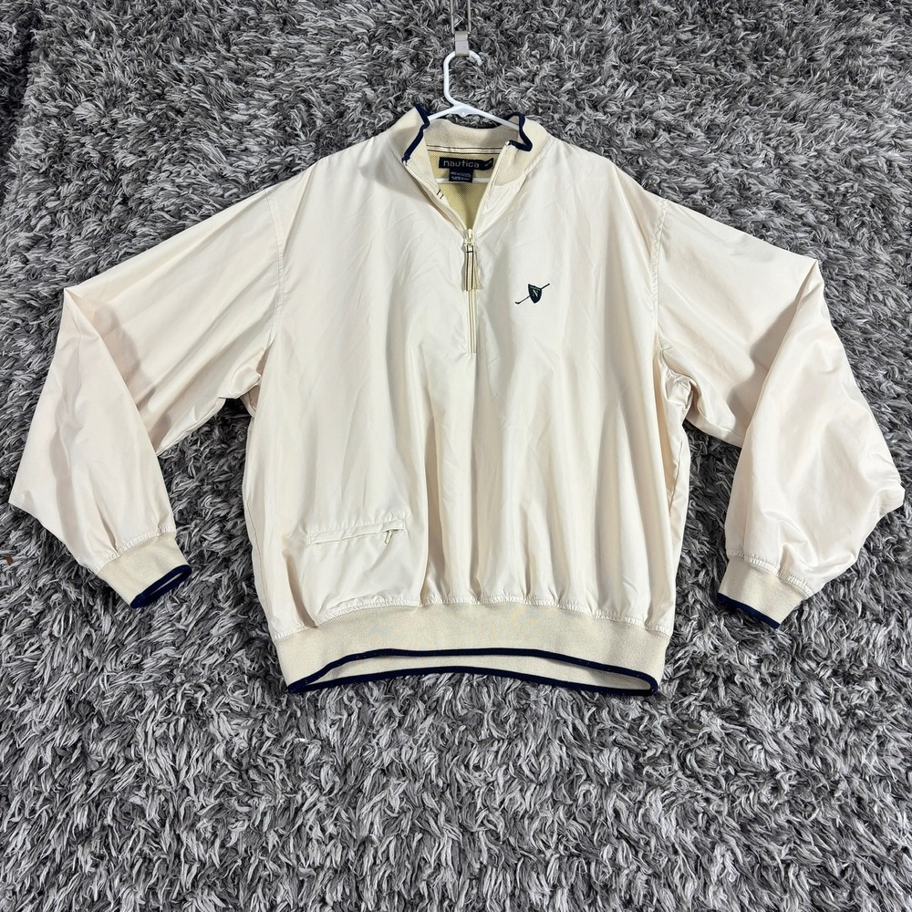 Nautica Mens 1/4 Zip Windbreaker Jacket Cream Navy Blue Pullover RN 67835 L